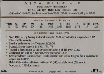 1993 Action Packed All-Star Gallery Series I #44 Vida Blue Back