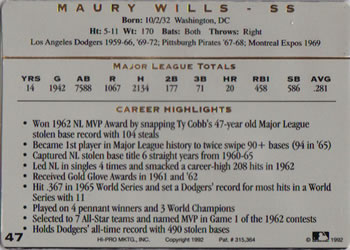 1993 Action Packed All-Star Gallery Series I #47 Maury Wills Back
