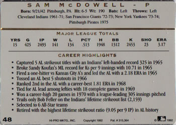 1993 Action Packed All-Star Gallery Series I #48 Sam McDowell Back