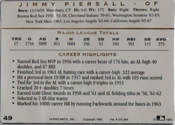 1993 Action Packed All-Star Gallery Series I #49 Jimmy Piersall Back