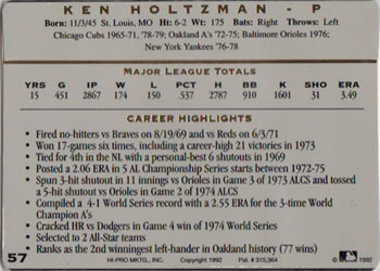 1993 Action Packed All-Star Gallery Series I #57 Ken Holtzman Back