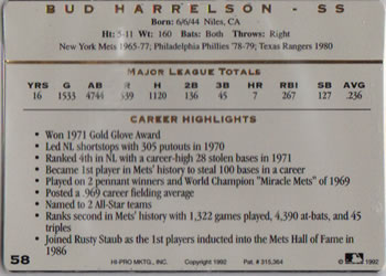 1993 Action Packed All-Star Gallery Series I #58 Bud Harrelson Back