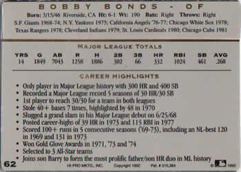 1993 Action Packed All-Star Gallery Series I #62 Bobby Bonds Back
