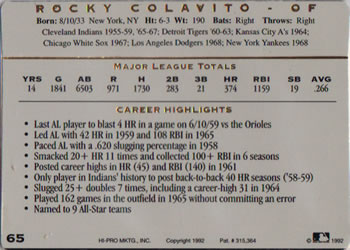 1993 Action Packed All-Star Gallery Series I #65 Rocky Colavito Back