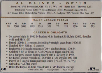 1993 Action Packed All-Star Gallery Series I #68 Al Oliver Back