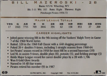 1993 Action Packed All-Star Gallery Series I #69 Bill Mazeroski Back