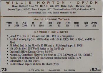 1993 Action Packed All-Star Gallery Series I #73 Willie Horton Back