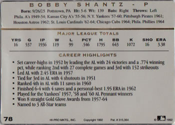 1993 Action Packed All-Star Gallery Series I #78 Bobby Shantz Back