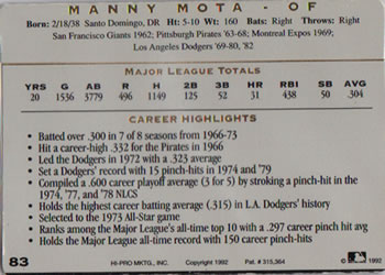 1993 Action Packed All-Star Gallery Series I #83 Manny Mota Back
