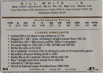1993 Action Packed All-Star Gallery Series I #84 Bill White Back