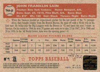 2001 Topps Heritage - Autographs Red Ink #THA-JS Johnny Sain Back