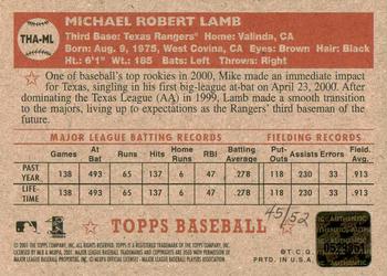 2001 Topps Heritage - Autographs Red Ink #THA-ML Mike Lamb Back