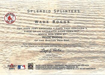 2001 Fleer Boston Red Sox 100th Anniversary - Splendid Splinters Game-Used Bats #NNO Wade Boggs Back