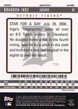 2009 Topps Ticket to Stardom #82 Brandon Inge Back