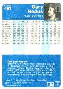 1984 Fleer #481 Gary Redus Back
