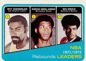 1972-73 Topps #175 1971-72 NBA Rebounds Leaders (Wilt Chamberlain / Kareem Abdul-Jabbar / Wes Unseld) Front
