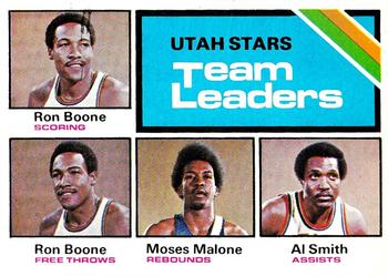 1975-76 Topps #286 Utah Stars Team Leaders (Ron Boone / Moses Malone / Al Smith) Front