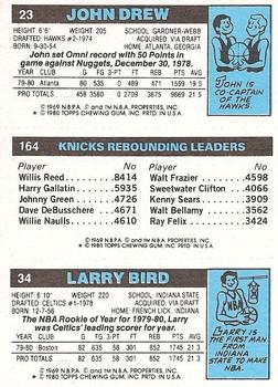 1980-81 Topps #23 / 34 / 164 Larry Bird / Bill Cartwright / John Drew Back