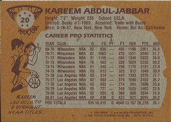 1981-82 Topps #20 Kareem Abdul-Jabbar Back