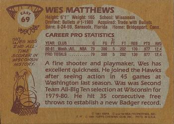 1981-82 Topps #E69 Wes Matthews Back