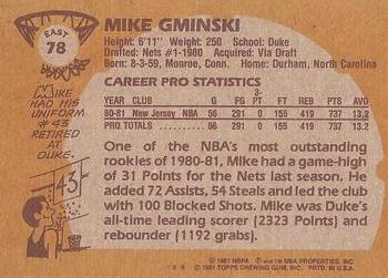 1981-82 Topps #E78 Mike Gminski Back