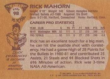 1981-82 Topps #E98 Rick Mahorn Back