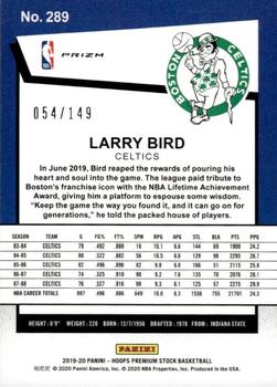 2019-20 Hoops Premium Stock - Prizms Premium Set #289 Larry Bird Back