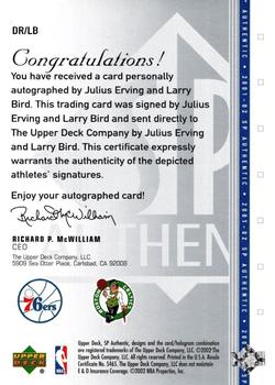 2001-02 SP Authentic - SP Dual Signatures #DR/LB Julius Erving / Larry Bird Back
