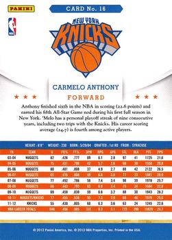 2012-13 Hoops #16 Carmelo Anthony Back
