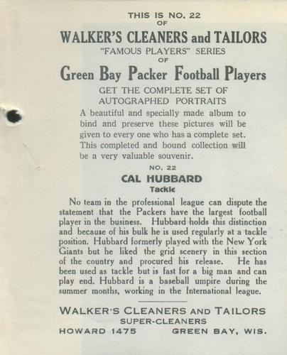 1932 Walker's Cleaners Green Bay Packers #22 Cal Hubbard Back