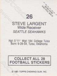 1981 Topps Red Border Stickers #26 Steve Largent Back