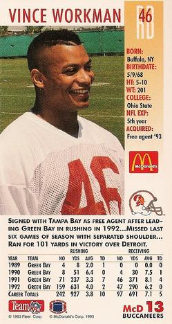 1993 GameDay McDonald's Tampa Bay Buccaneers #13 Vince Workman Back