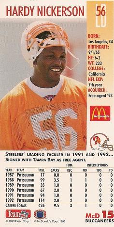 1993 GameDay McDonald's Tampa Bay Buccaneers #15 Hardy Nickerson Back