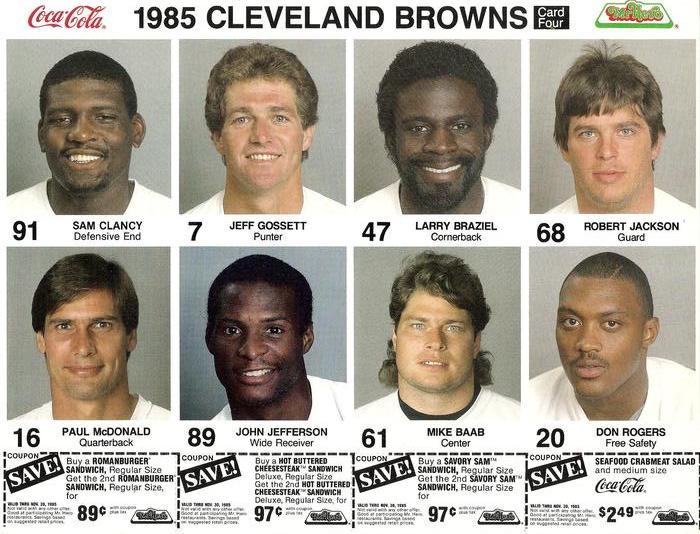 1985 Coke/Mr. Hero Cleveland Browns - Uncut Sheets #4 Sam Clancy / Jeff Gossett / Larry Braziel / Robert Jackson / Paul McDonald / John Jefferson / Mike Baab / Don Rogers Front