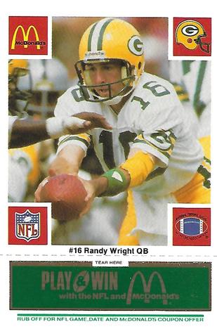 1986 McDonald's Green Bay Packers - Full Game Pieces - Week 4 Green Tab #NNO Randy Wright Front