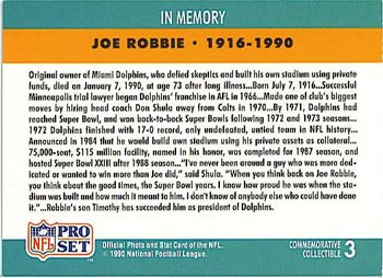 1990 Pro Set - Commemorative Collectibles #3 Joe Robbie Back