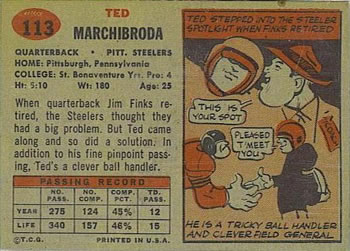 1957 Topps #113 Ted Marchibroda Back