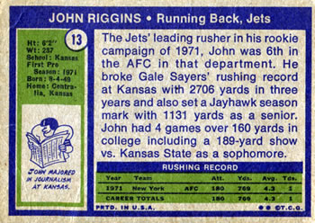 1972 Topps #13 John Riggins Back