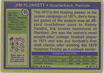 1972 Topps #65 Jim Plunkett Back