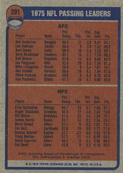 1976 Topps #201 1975 Passing Leaders (Ken Anderson / Fran Tarkenton) Back