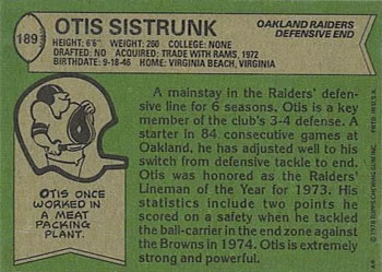 1978 Topps #189 Otis Sistrunk Back