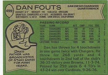 1978 Topps #499 Dan Fouts Back
