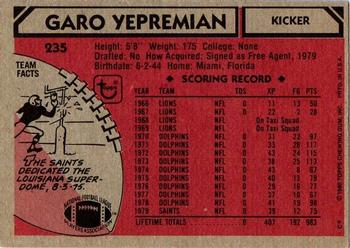 1980 Topps #235 Garo Yepremian Back