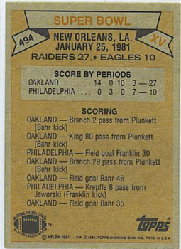 1981 Topps #494 Super Bowl XV Back