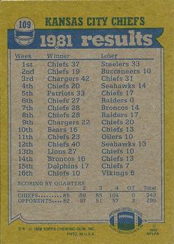 1982 Topps #109 Chiefs 1981 Team Leaders (Joe Delaney / Eric Harris / J.T. Smith / Ken Kremer) Back