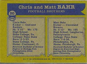 1982 Topps #263 Chris Bahr / Matt Bahr Back