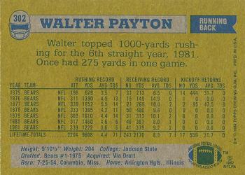 1982 Topps #302 Walter Payton Back