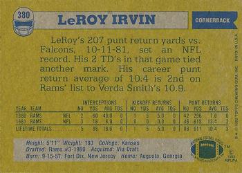 1982 Topps #380 LeRoy Irvin Back