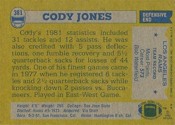 1982 Topps #381 Cody Jones Back