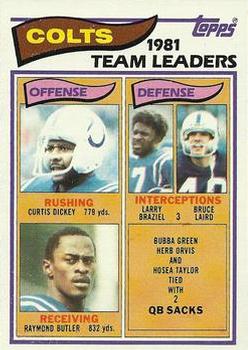 1982 Topps #10 Colts 1981 Team Leaders (Curtis Dickey / Larry Braziel / Bruce Laird / Raymond Butler) Front
